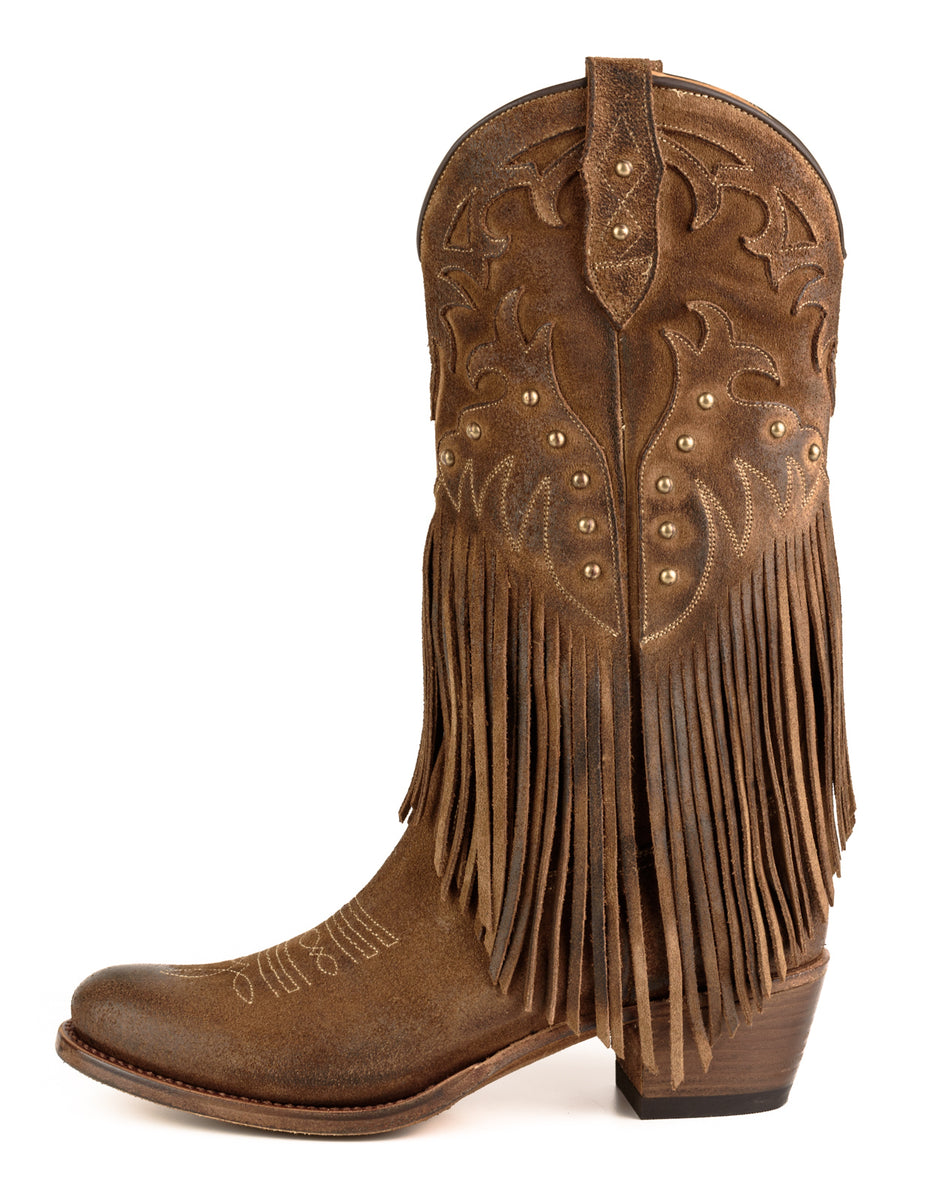 Bottes Cowboy Country Western Santiags pour femme faites à la main en daim avec franges marron 2475