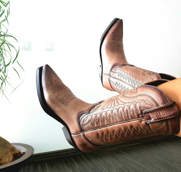 Women's and Men's Cowboy Boots in Aged Brown, modern and current