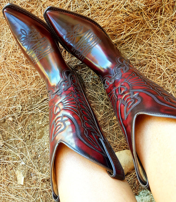 Women's and Men's Cowboy Boots in handcrafted leather and glossy dark red patent leather