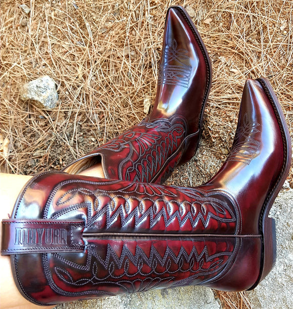 Women's Cowboy Boots in dark red glossy patent leather handcrafted