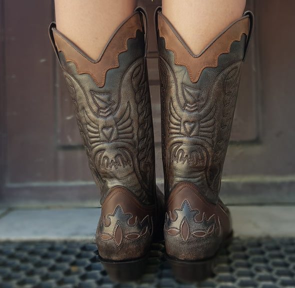 Men's and Women's Cowboy Boots in Brown and Gray Shiny Silver