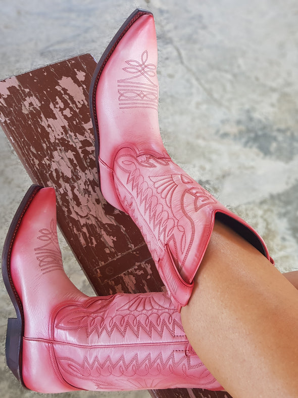 Very feminine barbie pink women's cowboy boots in handcrafted leather