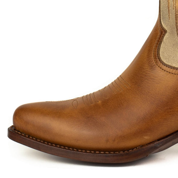 Botas Cowboy Mulher Couro Castanho e Cano Camurca Bege e Asas Dourado 2666