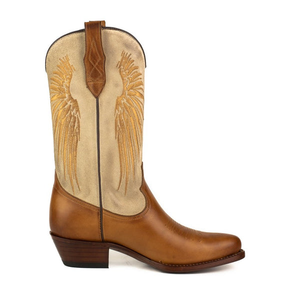 Botas Cowboy Mulher Couro Castanho e Cano Camurca Bege e Asas Dourado 2666