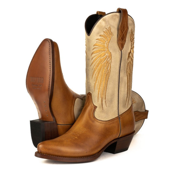 Botas Cowboy Mulher Couro Castanho e Cano Camurca Bege e Asas Dourado 2666