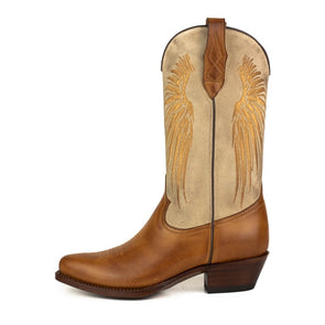 Botas Cowboy Mulher Couro Castanho e Cano Camurca Bege e Asas Dourado 2666