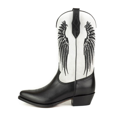 Botas Cowboy Mulher Couro Preto e Cano Camurca Branco e Asas Preto 2666