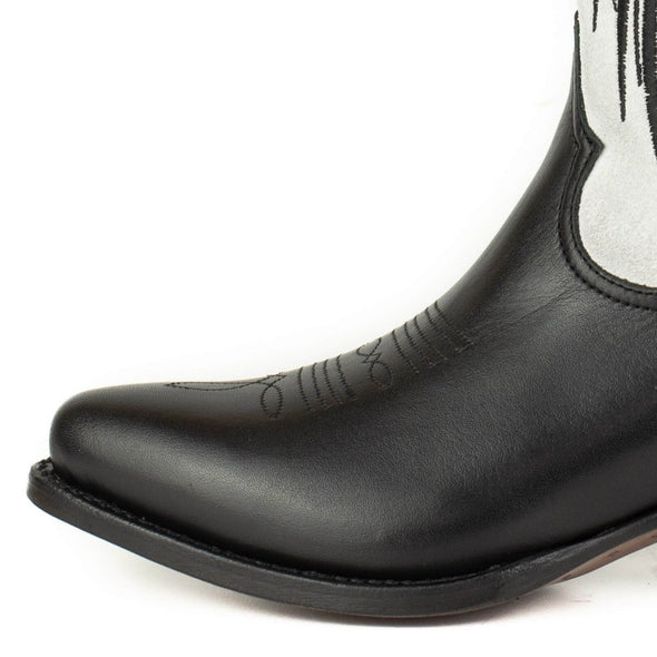 Botas Cowboy Mulher Couro Preto e Cano Camurca Branco e Asas Preto 2666