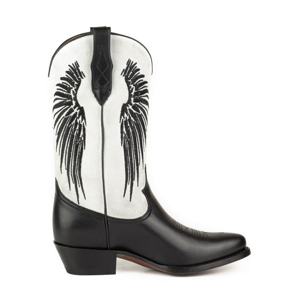 Botas Cowboy Mulher Couro Preto e Cano Camurca Branco e Asas Preto 2666