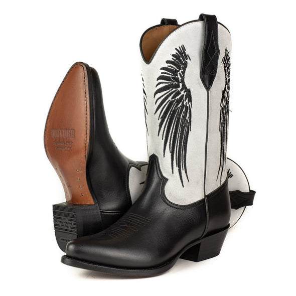 Botas Cowboy Mulher Couro Preto e Cano Camurca Branco e Asas Preto 2666