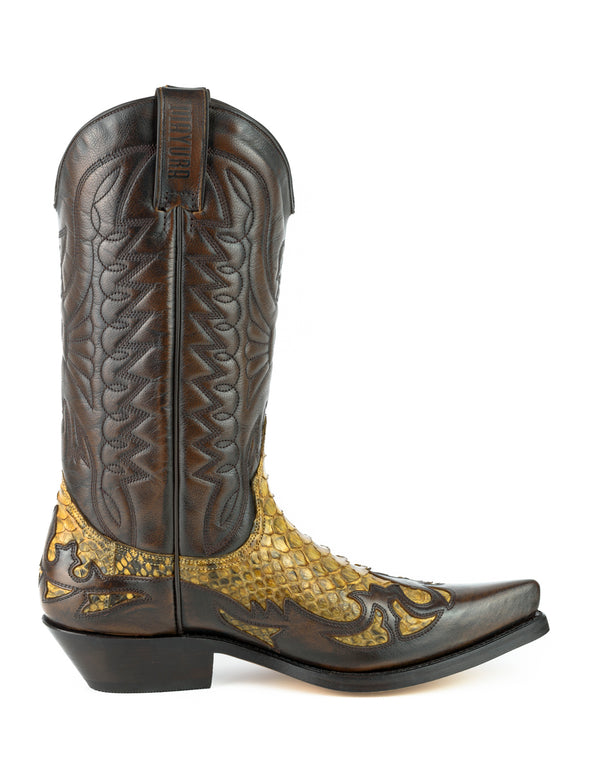 Botas de Homem e Mulher Cowboy Artesanais Couro Castanho e Amarelo 1935-C Texanas