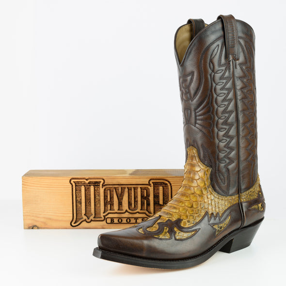 Botas de Homem e Mulher Cowboy Artesanais Couro Castanho e Amarelo 1935-C Texanas