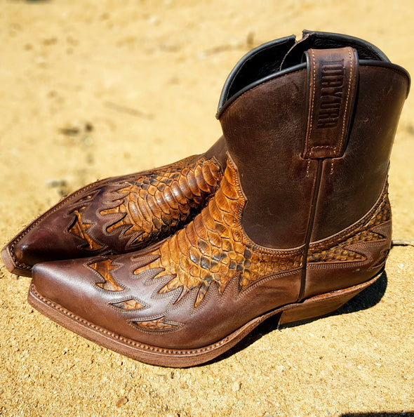 Exotic men's boots in shades of brown and earthy colors with stylish leather and python zippers
