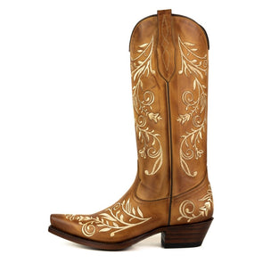 Botas Cowboy de Mulher Artesanais 2669 Couro Castanho e Bordado Floral branco
