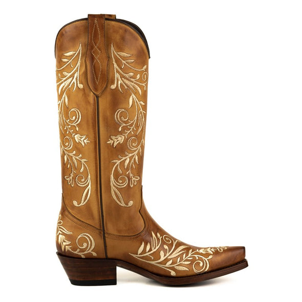 Botas Cowboy de Mulher Artesanais 2669 Couro Castanho e Bordado Floral branco