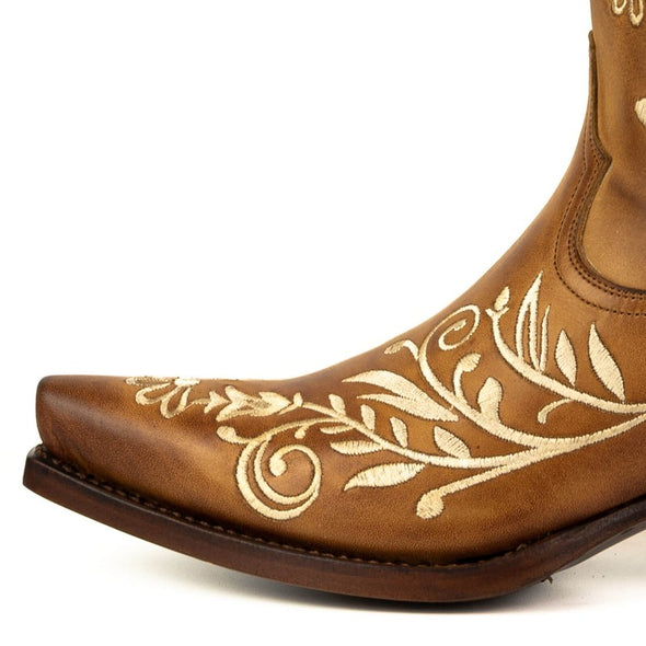 Botas Cowboy de Mulher Artesanais 2669 Couro Castanho e Bordado Floral branco