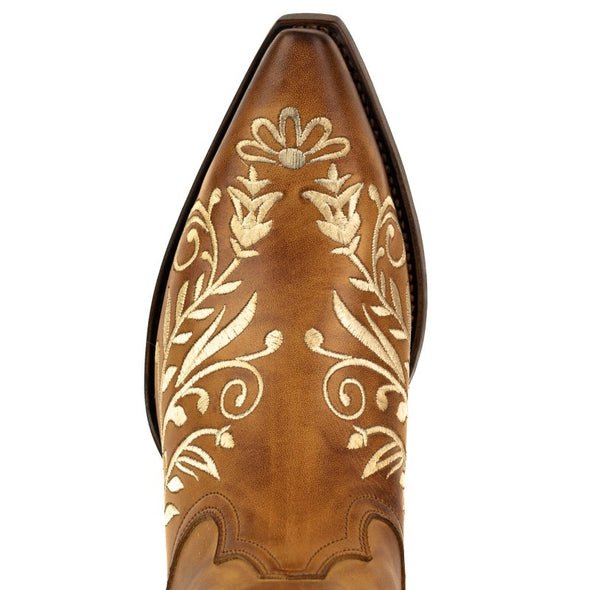 Botas Cowboy de Mulher Artesanais 2669 Couro Castanho e Bordado Floral branco