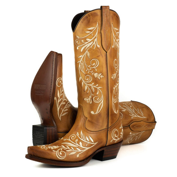 Botas Cowboy de Mulher Artesanais 2669 Couro Castanho e Bordado Floral branco