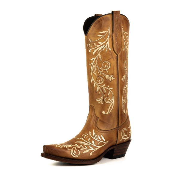 Botas Cowboy de Mulher Artesanais 2669 Couro Castanho e Bordado Floral branco