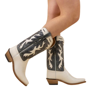 Botas Cowboy de Mulher Artesanais Couro Branco e Preto LF1626E Texanas